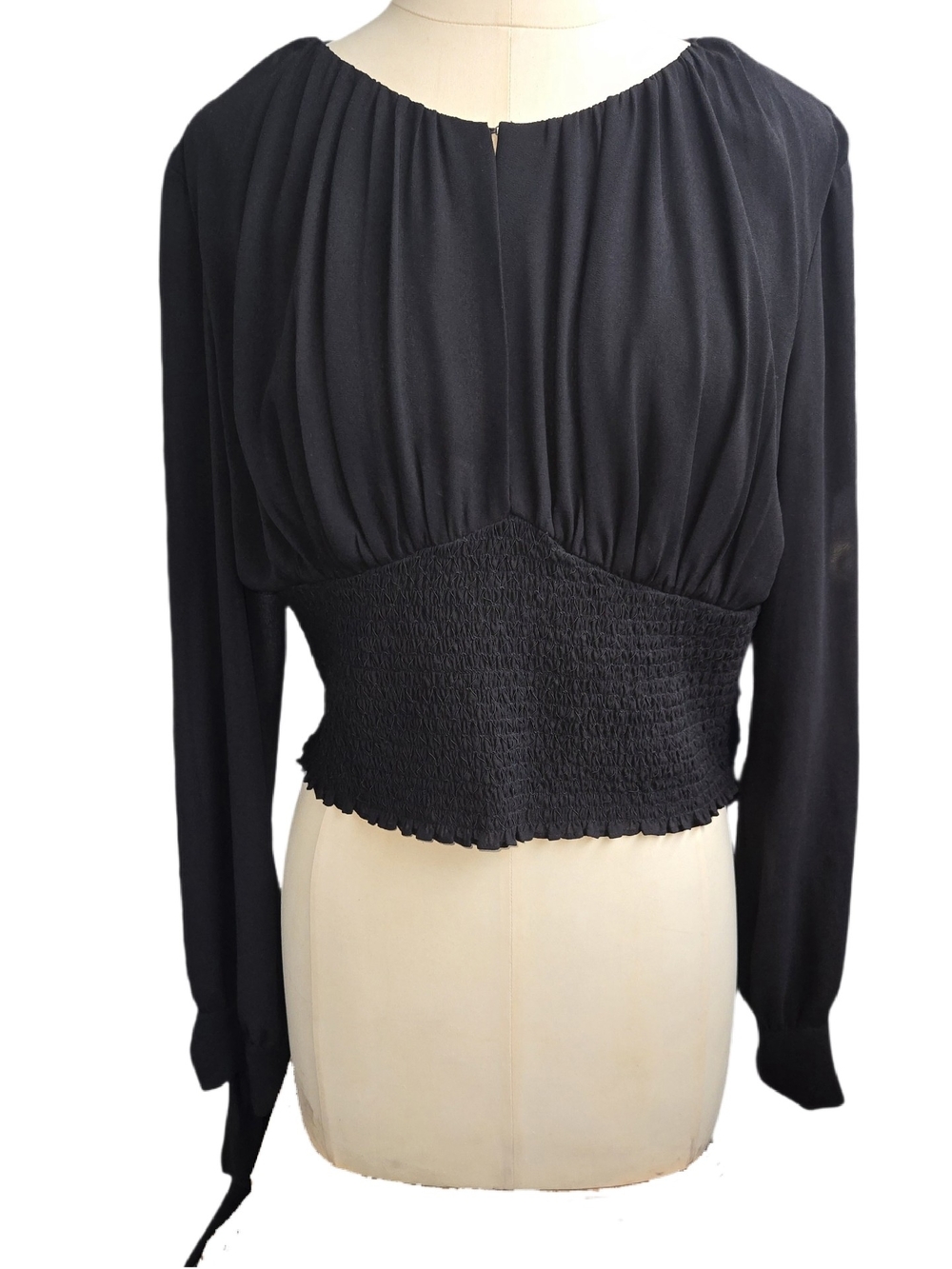 bebe Black Cropped Long Sleeve Top with Tie Cuffs